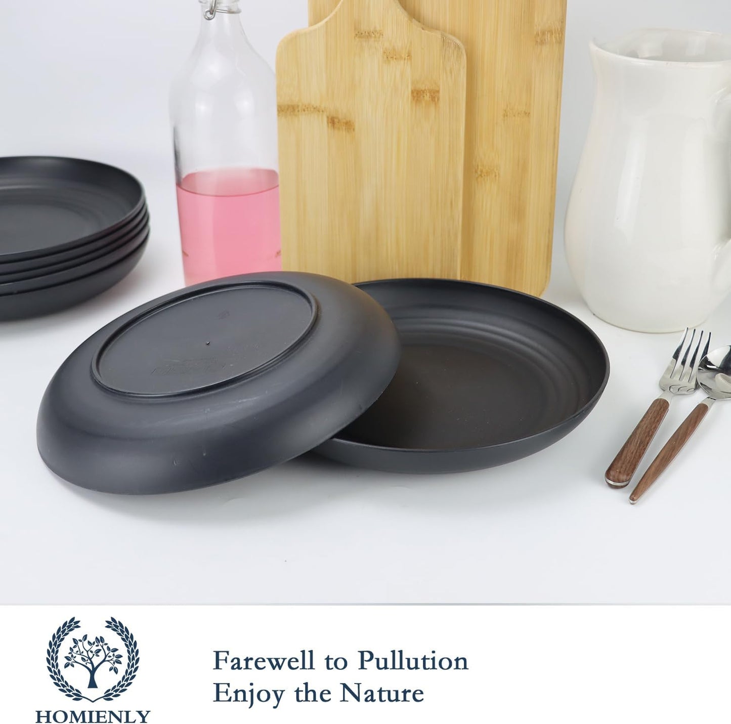 Homienly Deep Dinner Plates Set of 8 Alternative for Plastic Plates Microwave and Dishwasher Safe Wheat Straw Plates for Kitchen Unbreakable Plate Set for Camping, Picnic, Party (Black, 9 inch)