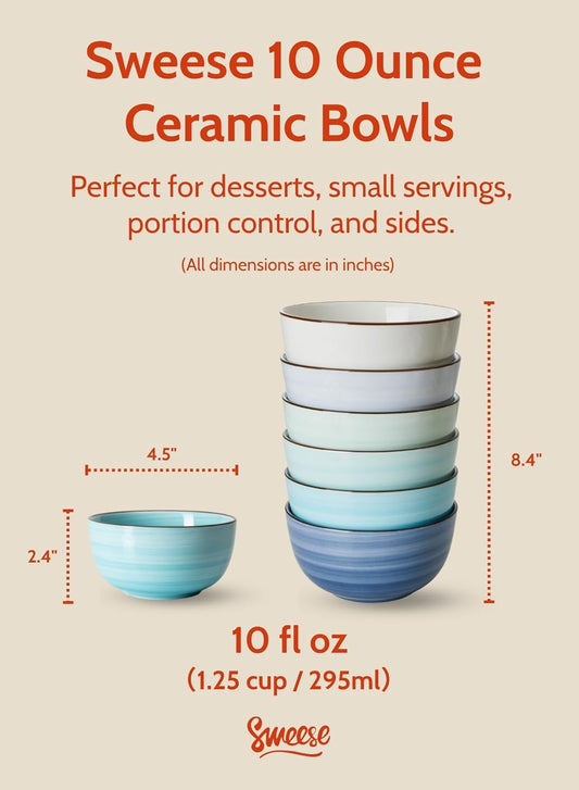 Sweese 10 Oz Ceramic Ice Cream Bowls, Set of 6, Dishwasher Microwave Safe Dessert Bowls in Assorted Cool Colors