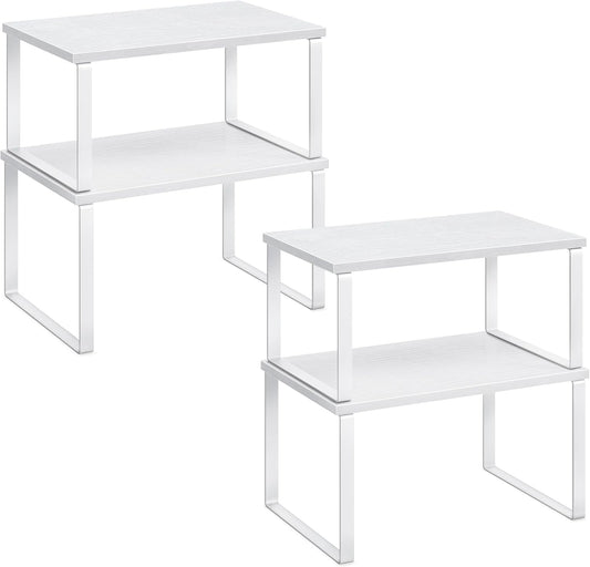 SONGMICS Cabinet Organizer Shelf, Set of 4 Kitchen Counter Shelves, Kitchen Storage, Spice Rack, Stackable, Expandable, Metal and Engineered Wood, Cloud White and Snow White UKCS027W01