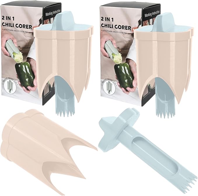 Pepper Corer, 2 in 1 Red Bell Pepper Seed Corer Remover Tool, Fruit & Vegetable Corers Quick Cave Tools for Jalapeno Cutter Deseeder, Pink Blue, 2 PCS