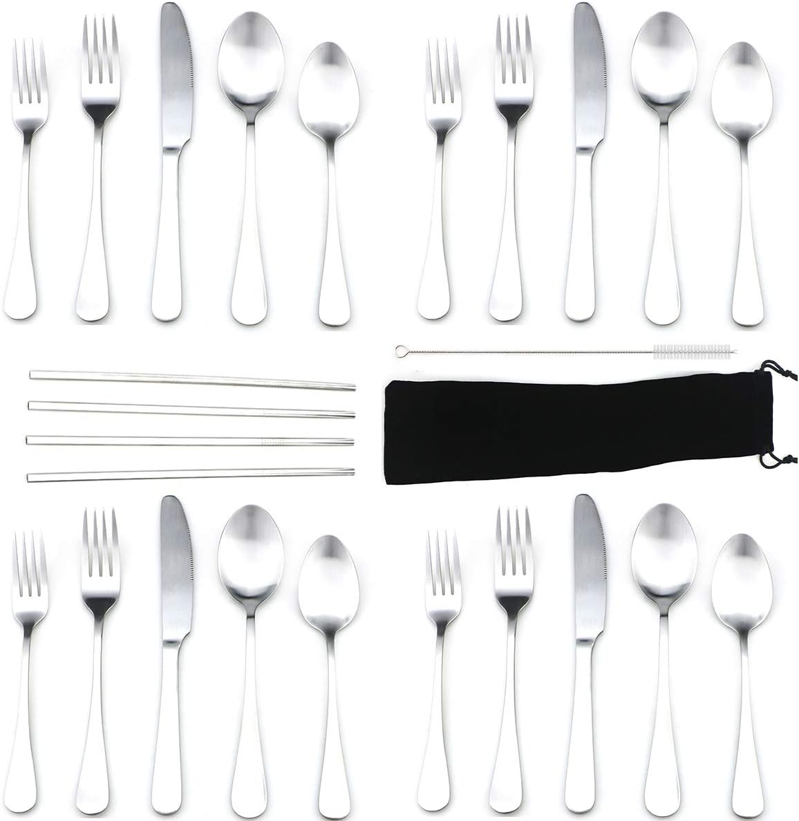 JASHII Modern Royal 20 Pcs Matte Silver 18/10 Stainless Steel Utensils Cutlery Dinnerware Set w/ 4 Pcs Straw, Knife Fork and Spoon Flatware Set for Wedding Festival Christmas Party Service for 4