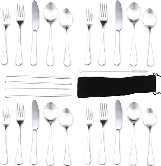 JASHII Modern Royal 20 Pcs Matte Silver 18/10 Stainless Steel Utensils Cutlery Dinnerware Set w/ 4 Pcs Straw, Knife Fork and Spoon Flatware Set for Wedding Festival Christmas Party Service for 4