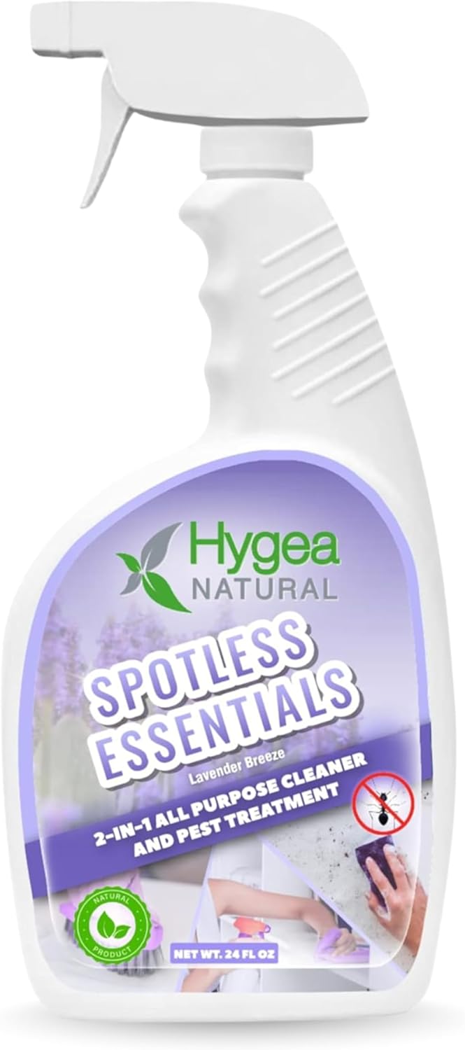 Hygea Natural Spotless Essentials - Concentrated Multi-Surface Cleaner for Home & Kitchen - Eliminates Dust Mites, Bed Bugs, Ants, Lice - Child & Pet Friendly - 24oz (Lavender Breeze Scent)