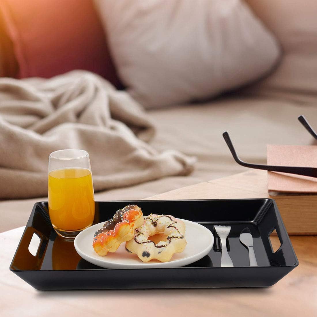 i BKGOO Black Large Tray,Melamine Serving Tray with Handles, Set of 2 Rectangular Tray for Food Organizer,Breakfast, Lunch, Dinner 15.5 x 12.2 x 1.6 inch