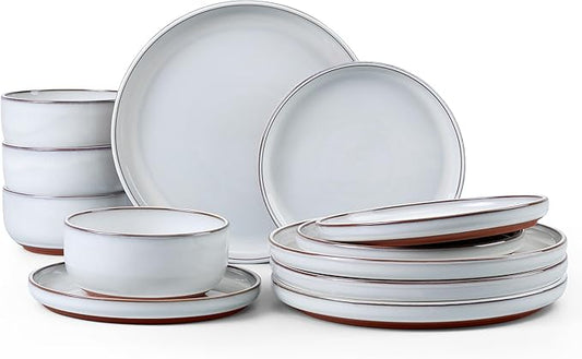 E-far Stoneware Dinnerware Sets for 4, 12 Pieces Reactive Glaze Plates and Bowls Sets, Elegant Dishes with Rustic Terracotta Base, Dishwasher & Microwave Safe, Scratch Resistant, Glacier White