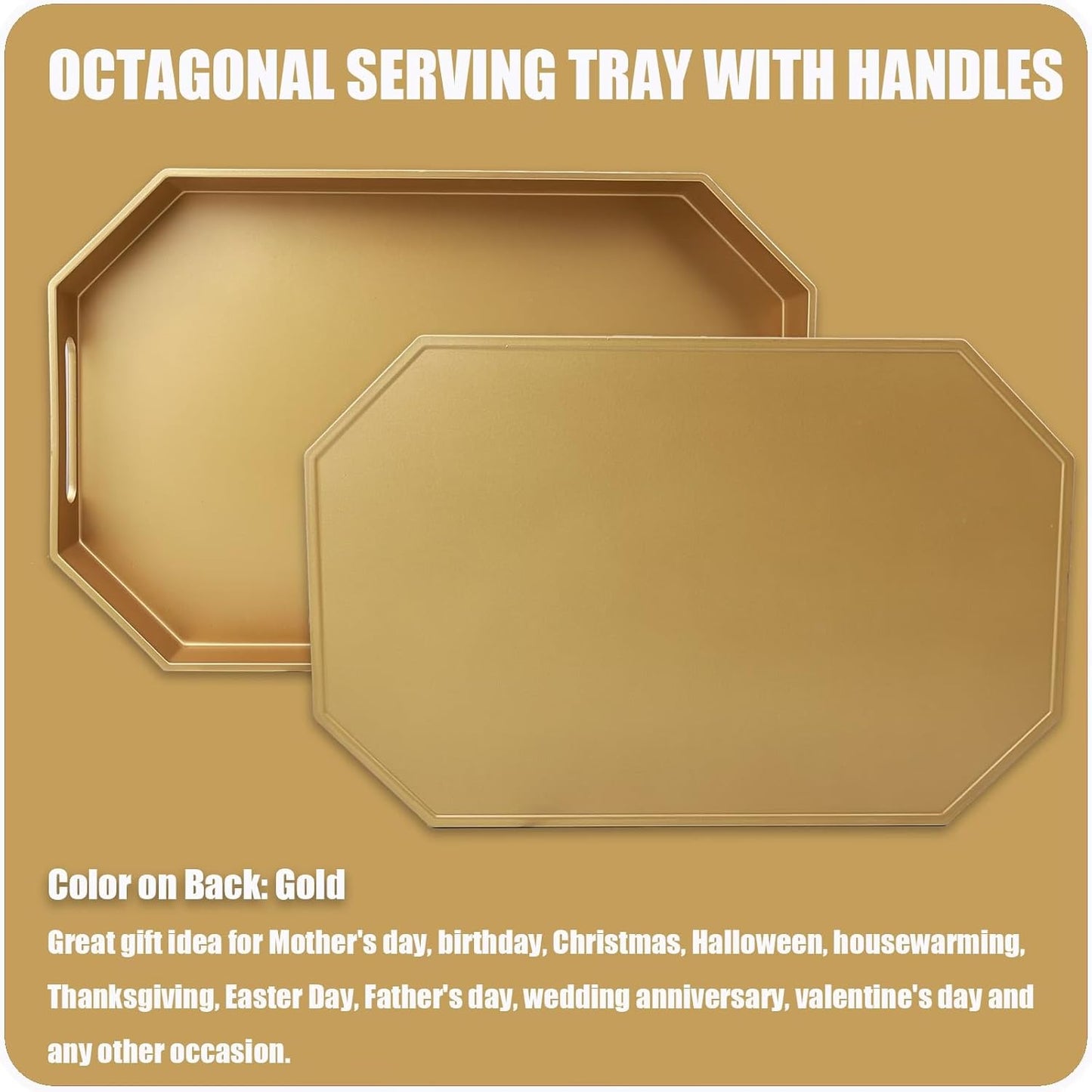 Gold Octagonal Serving Tray with Handles for Coffee Table, Plastic Decorative Tray for Ottoman, Kitchen Counter, Living Room, Outdoor Lacquer Tray for Entertaining