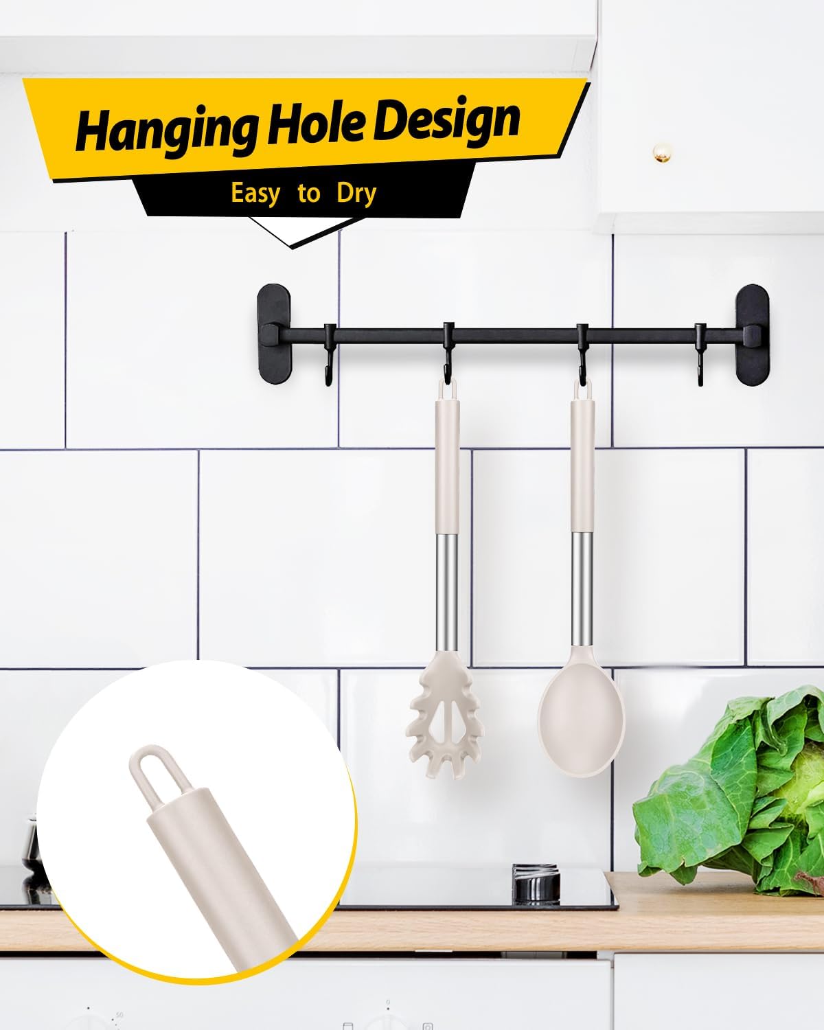 Silicone Pasta Fork and Cooking Spoon Set, Non Stick Kitchen Utensils for Cooking,Stirring,Serving Spaghetti, Soup, Sauce (KHAKI)