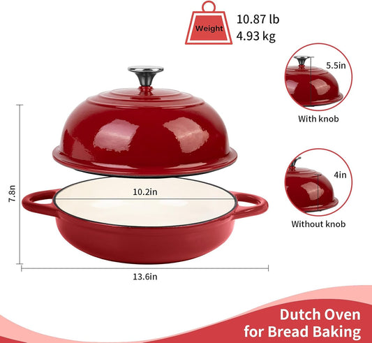 Dutch Oven for Bread Baking, 5.4 Quart Dutch Enameled Cast Iron Bread Oven, Dutch Oven for Sourdough Bread Baking, Oven Safe up to 500° F, 25 cm Red