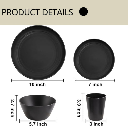 LIYH 48 Pcs Black Wheat Straw Plates and Bowls Dinnerware Set Camping Dish Set for 12, Plastic Plates and Bowls, Dishwasher Safe Dinnerware Sets, Unbreakable Plastic Camper Dishes Sets