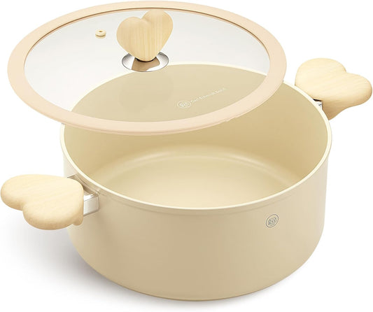 Stock Pot with Lid, 6 Quart Pot with Nonstick Cream Interior, Nonstick Soup Pots with Cool-Touch Heart-Shaped Handles, Stylish Cooking Pots with Lid, Induction Compatible, Cream Color