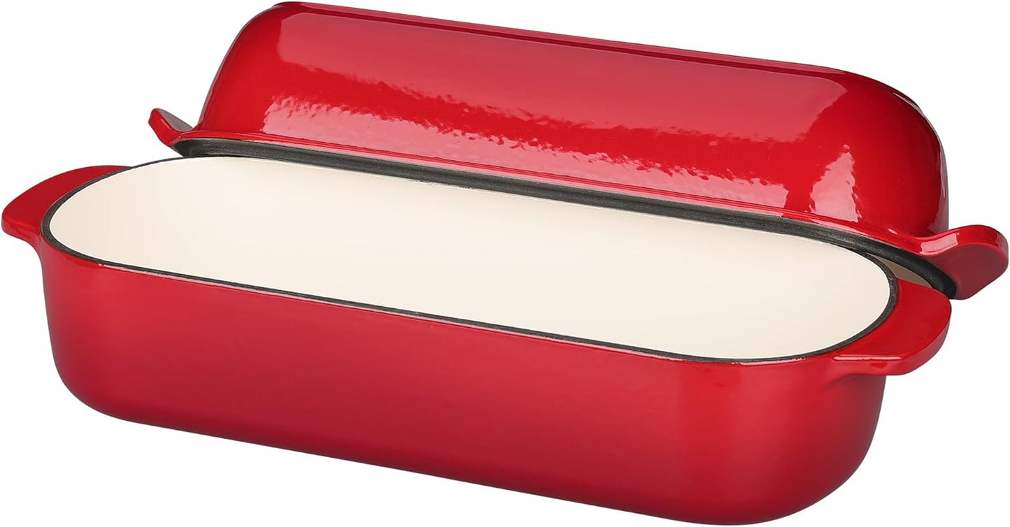 Enameled Cast Iron Loaf Pan with Lid, Dutch Oven Bread pan for Homemade Sourdough Bread Baking, 12.5x5.5 inch, 5qt, Red