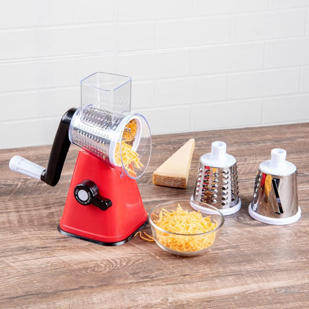 Restaurantware Met Lux 11 x 7 x 6 Inch Cheese Grater With Handle 1 Heavy-Duty Rotating Cheese Grater - Dishwashable Red Plastic Food Shredder Suction Feet For Vegetables Nuts & More