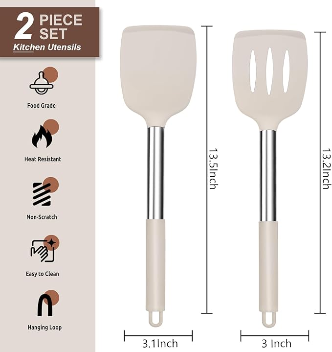E-far Silicone Spatula Set of 2, Solid & Slotted Turner for Nonstick Cookware, Heat Resistant Rubber Kitchen Cooking Utensils for Flipping Fish Pancake Egg - Khaki