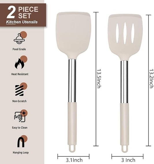 E-far Silicone Spatula Set of 2, Solid & Slotted Turner for Nonstick Cookware, Heat Resistant Rubber Kitchen Cooking Utensils for Flipping Fish Pancake Egg - Khaki