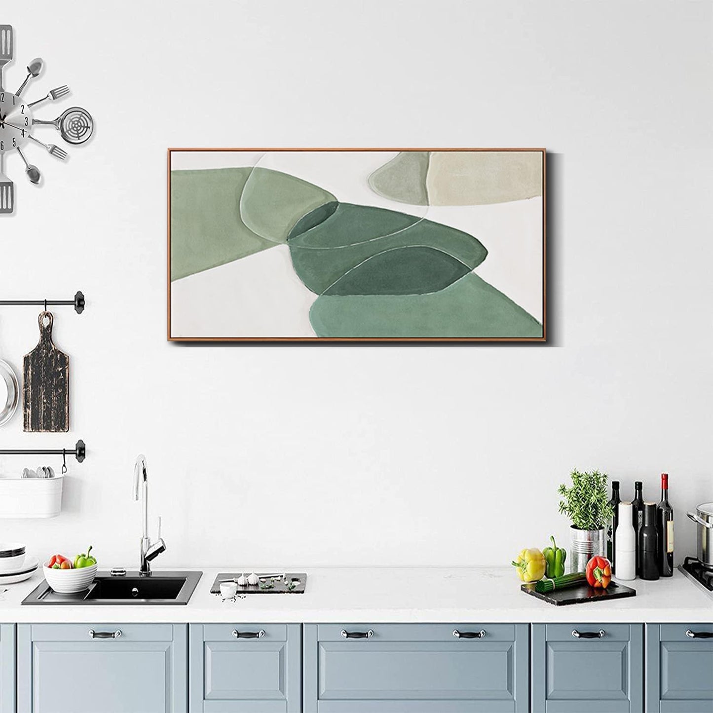 Framed Wall Art Canvas Artwork Green And White Geometric Color Block Line Art Canvas Paintings Wall Decor Modern Home Bedroom Art Office Decor 20"X 40" Framed Ready To Hang