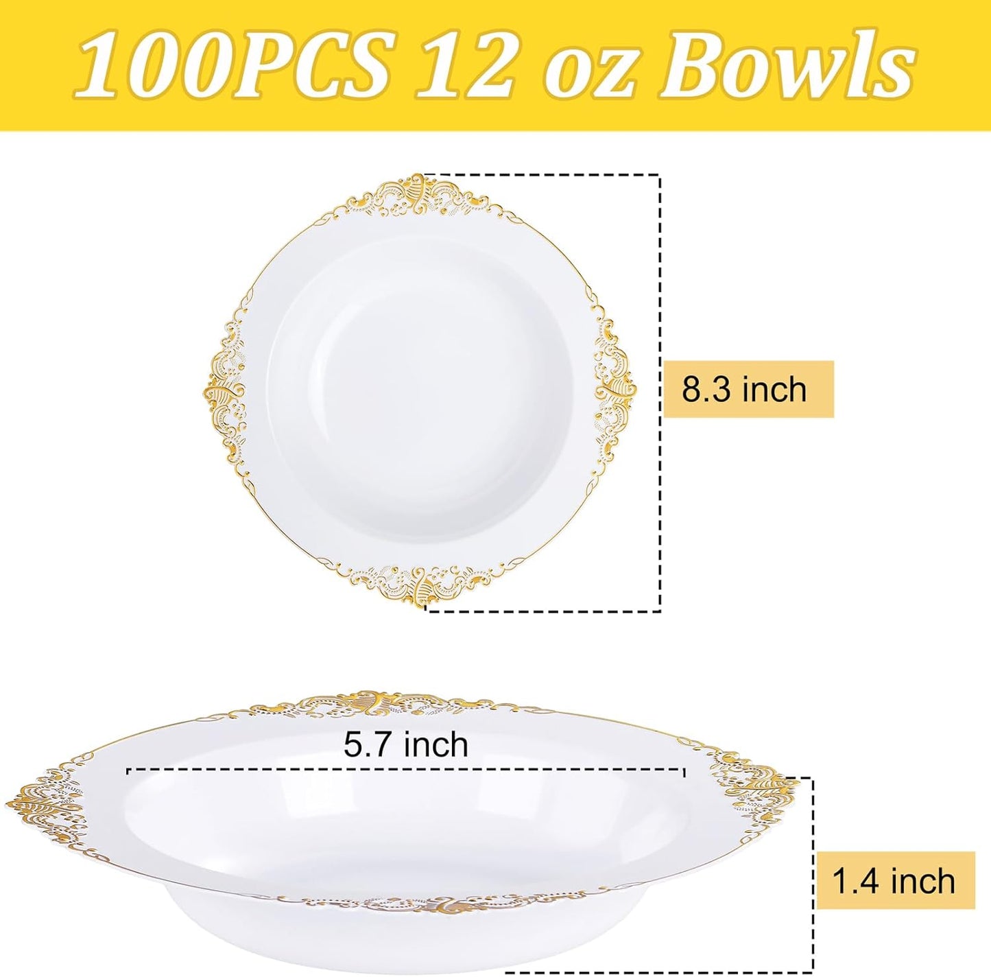100PCS Gold Plastic Bowls - 12 oz White Disposable Salad Bowls - Heavy Duty Soup Serving Bowl - Fancy Plastic Ice Cream Bowl for Christmas,Thanksgiving Parties, Dinners, Catering, Picnics