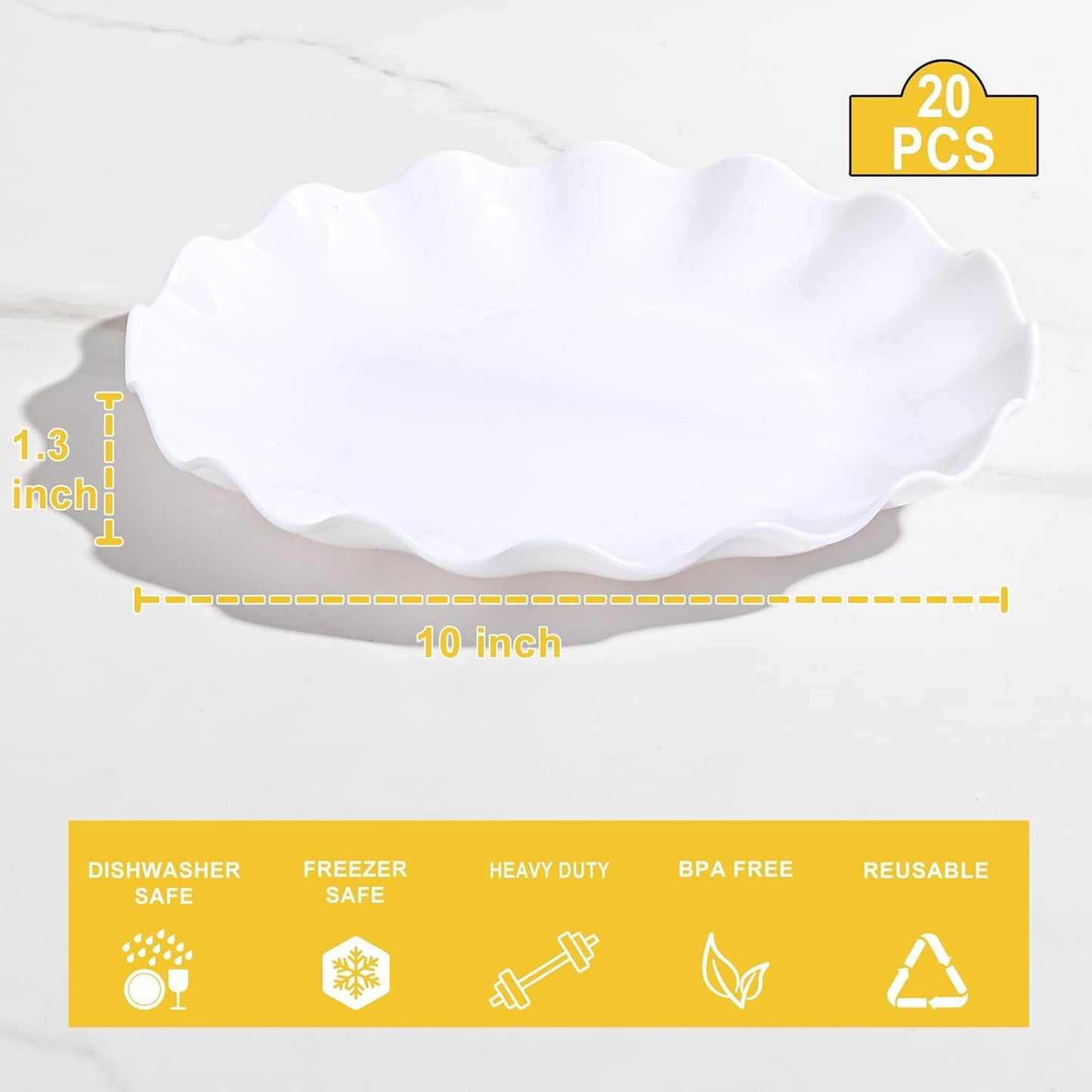 LIYH 20 Pcs 7.5 Inch White Scalloped Plastic Dessert Plates Reusable - Unbreakable Plastic Plates for Weddings Party Outdoor Picnics Dishwasher Safe BPA Free