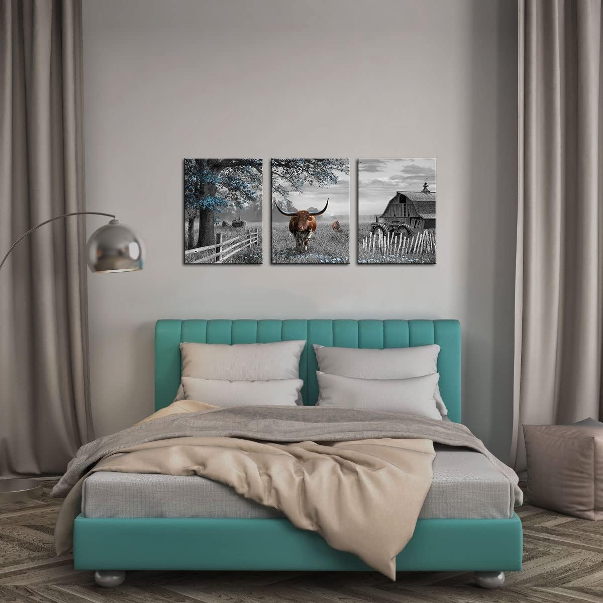 yiijeah Western Wall Decor - Rustic Blue Tree Brown Cow 3 Piece Wall Art - Farmhouse Black and White Picture Canvas Artwork for Walls - Field Scenery Wall Art