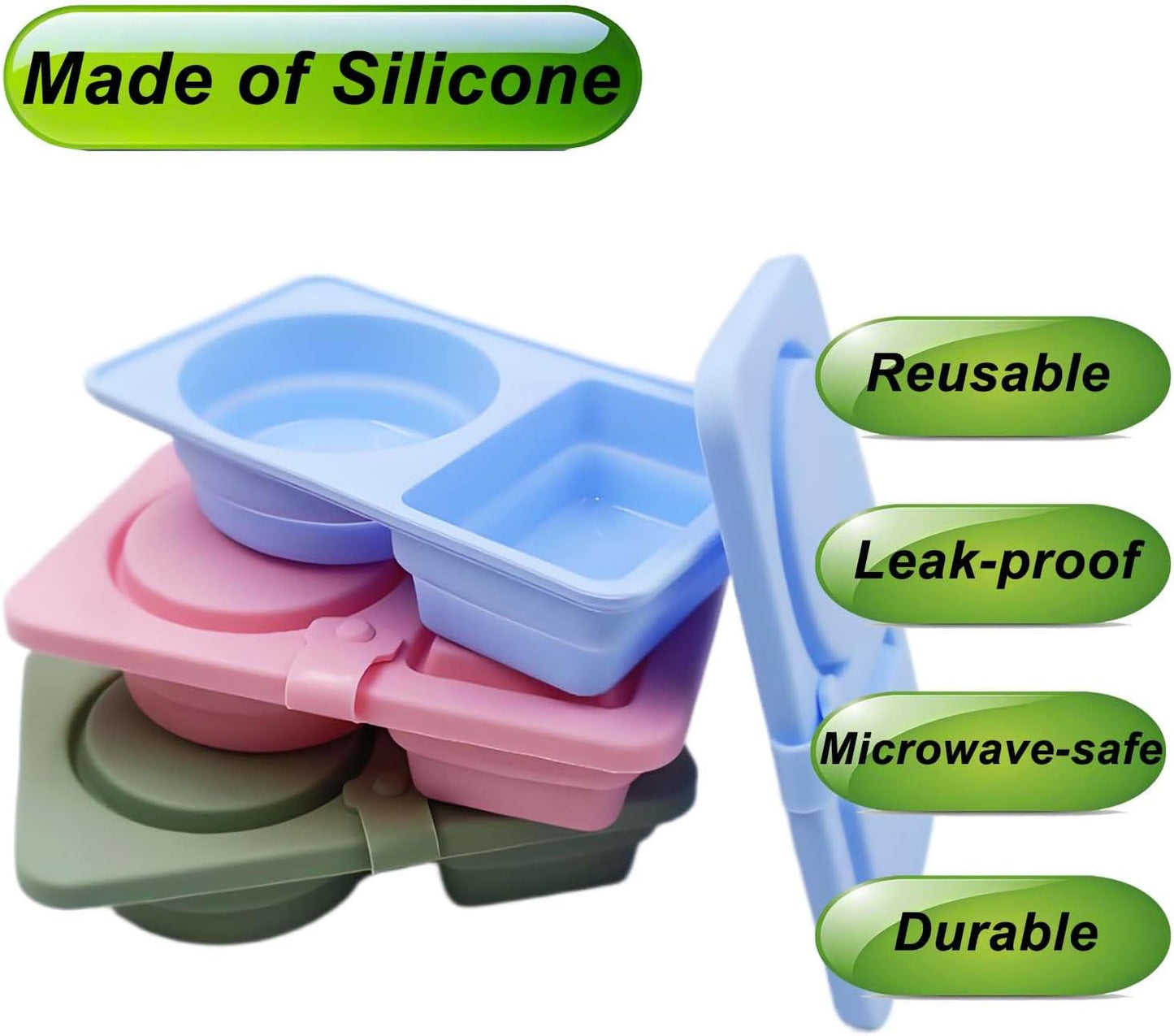 3 Pack Reusable Silicone Snack Container with Lids, Leak-Proof 2 Compartment Food Storage Box for Sauces, Fruits, Candy, Microwave Safe Collapsible Snackle Take-out Lunch Portable Kitchen Boxes