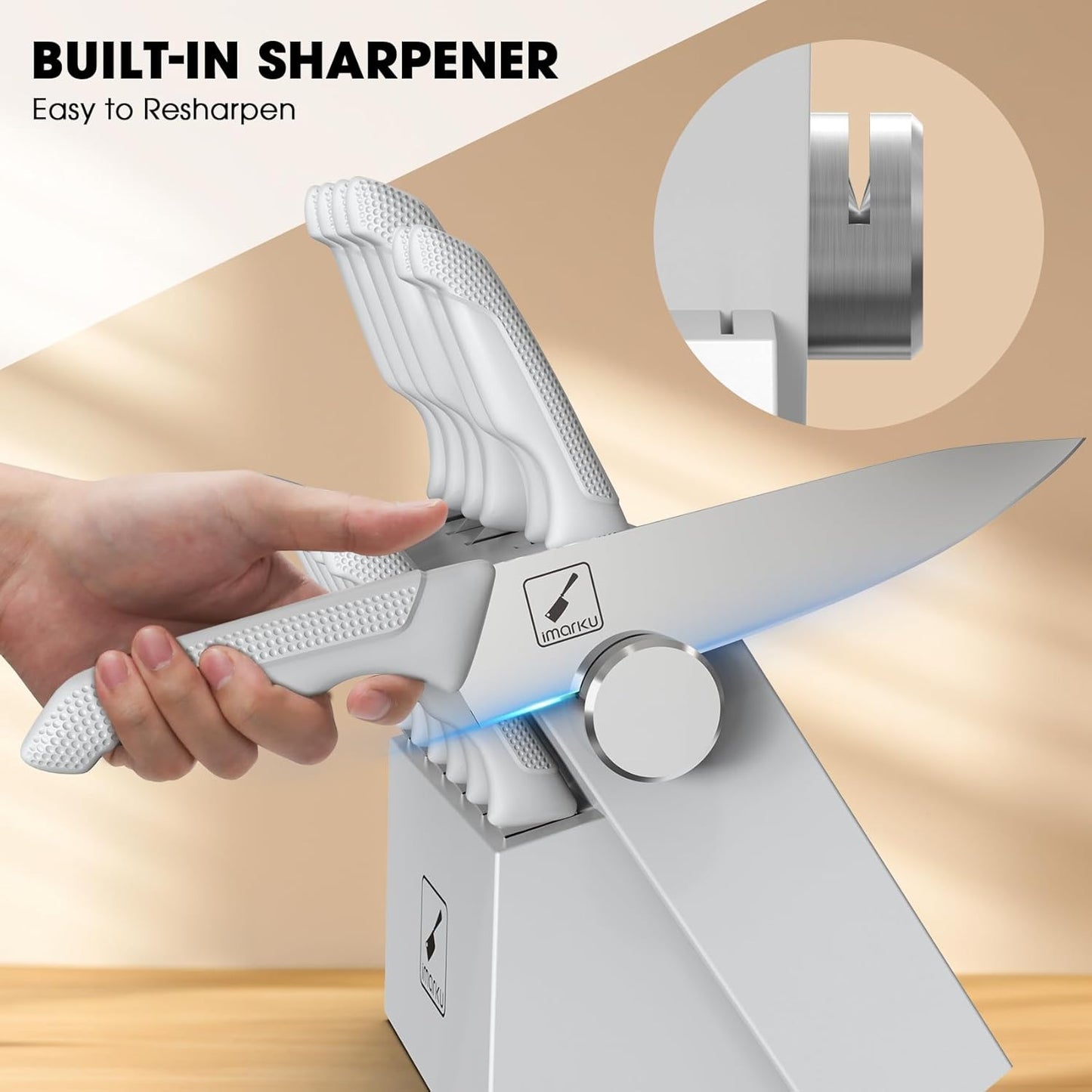 imarku® 14-Piece Kitchen Knife Set with Block and Sharpener, Professional Stainless Steel with Non-Slip Ergonomic Handle, Dishwasher Safe, Home Essential, Gray-White