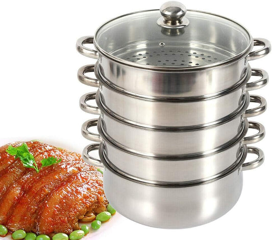 5 Tier Food Steamer,Stainless Steel Steamer for cooking,26/28/30cm Steamer Pot,Steamer Cooker Cookware with Glass Lid and Steamer Basket for Cooking Food (28cm)