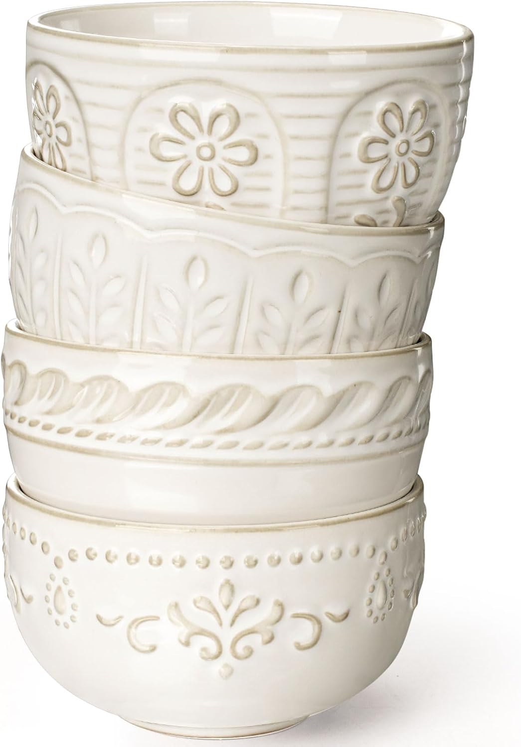 Artena Small Bowls Set of 4, 12 oz Ceramic Embossment Dessert Bowls, white Bowl for Kitchen, Ice Cream, Side Dishes, Rice, Cereal, Fruit, 4.5 Inch, Microwave & Dishwasher Safe, Multiple Patterns