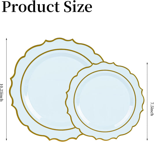 120PCS Blue Plastic Plates, Disposable Elegant Party Plate with Gold Rim, Heavy Duty 60 Dinner and 60 Dessert Fancy Plates for Party and Wedding