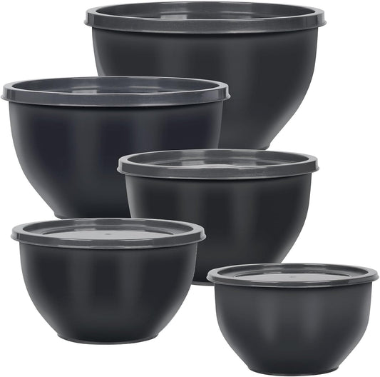 5-Piece Plastic Mixing Bowls with Lids Set for Kitchen, Nesting Bowls for Mixing, Baking, Prepping, Cooking and Serving Food, Grey Mixing Bowls Dishwasher, Microwave Safe, large