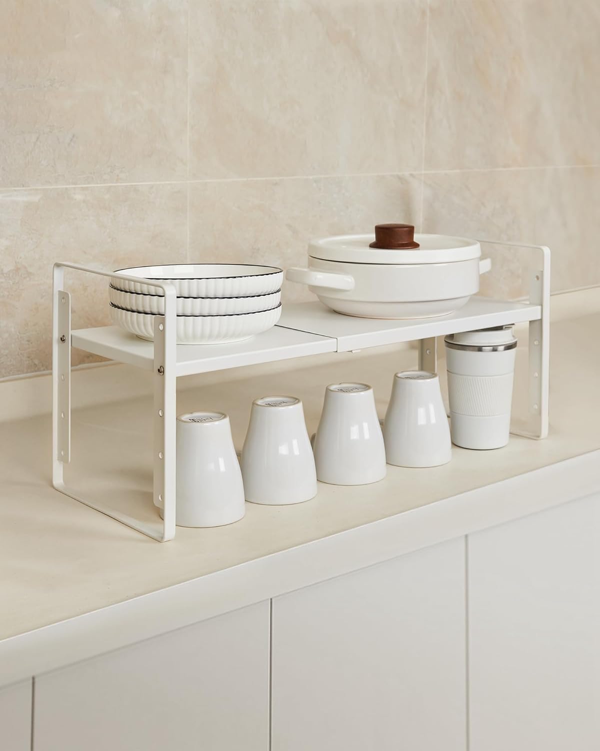 Nxconsu 2Pack Cabinet Shelf Organizer Expandable 5 Heights Adjustable Stackable Rack Riser for Kitchen Pantry Cupboard Under Sink Organization Storage Space Saver Heavy Duty Metal White