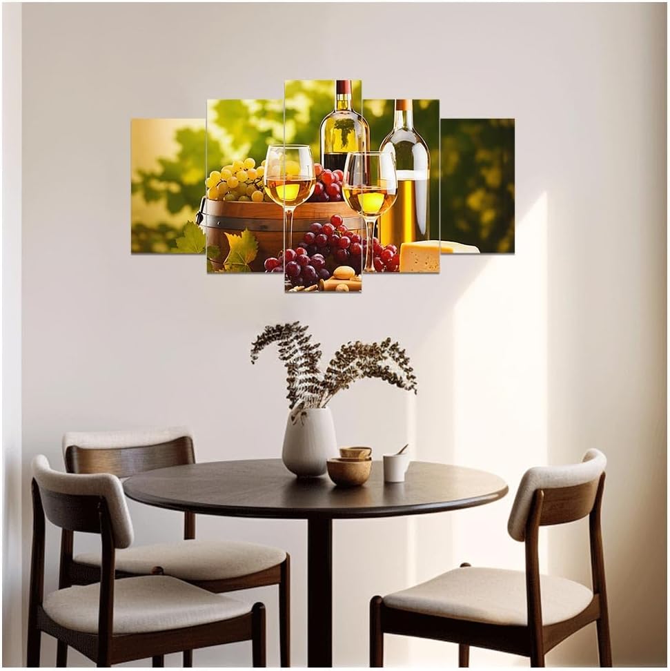 DOARTDO 5 Pieces Kitchen Wall Art Wine and Fruit Grape Pictures Food Canvas Prints Red Wine Cups Painting Large Kitchen Dining Room Bar Cellar Decor Framed (Yellow, (12x20inx2 12x30inx2 12x40inx1))