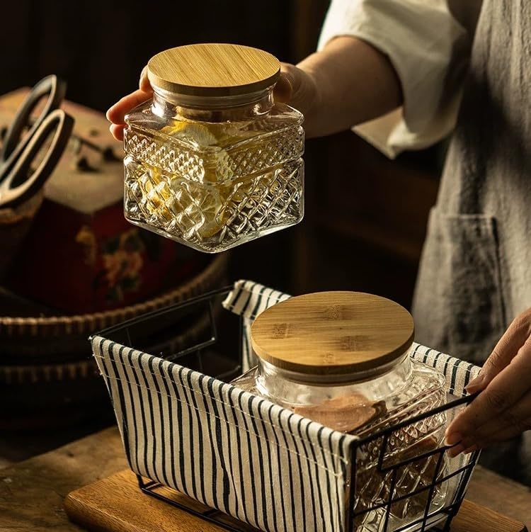 Glass Storage Canister with Airtight Lids, 20.3 oz Candy Jar Cute Jar for Ground Coffee, Tea Bag, Snacks Vintage Decorative Glass Jars for Coffee Bar Kitchen Counter Table