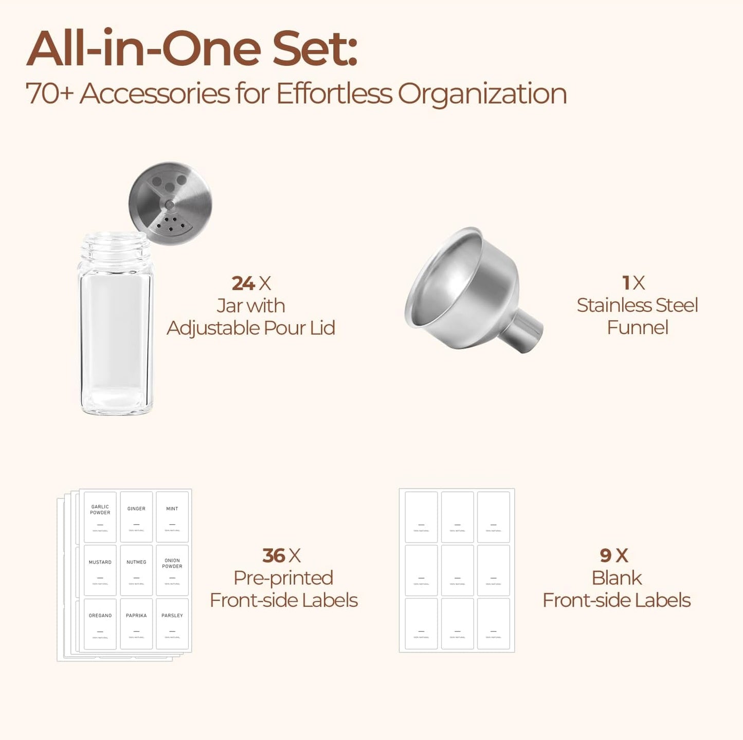 ComSaf 4oz 24PCS Spice Jars with Adjustable Shaker lids，93 Labels, Comdiment Jars Set, Empty Spice Containers and Square Ingredient Bottles for Kitchen and Seasoning, Salt and Pepper Shaker Set