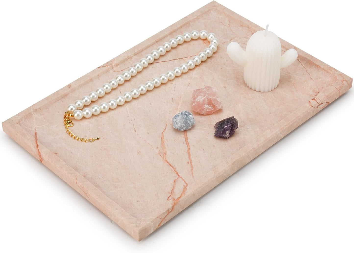 Real Luxurious Natural Marble Tray - 12x8 Inch Marble Vanity Tray for Perfume Display, Jewelry Organizer, Bathroom & Home Decor -Heavy Duty Non-Slip Stone Tray (Non-Resin/Non-Ceramic)（Pink）