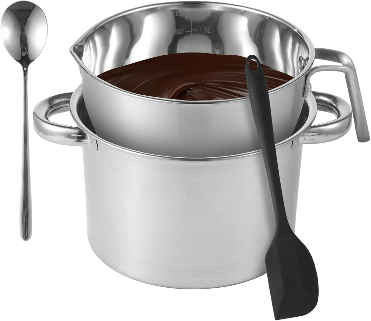 Double Boiler Set with Silicone Spatula - 2.0 QT Stainless Steel Double Boiler with Scale & Handle for Melting Chocolate, Soap, Wax, Candle Making