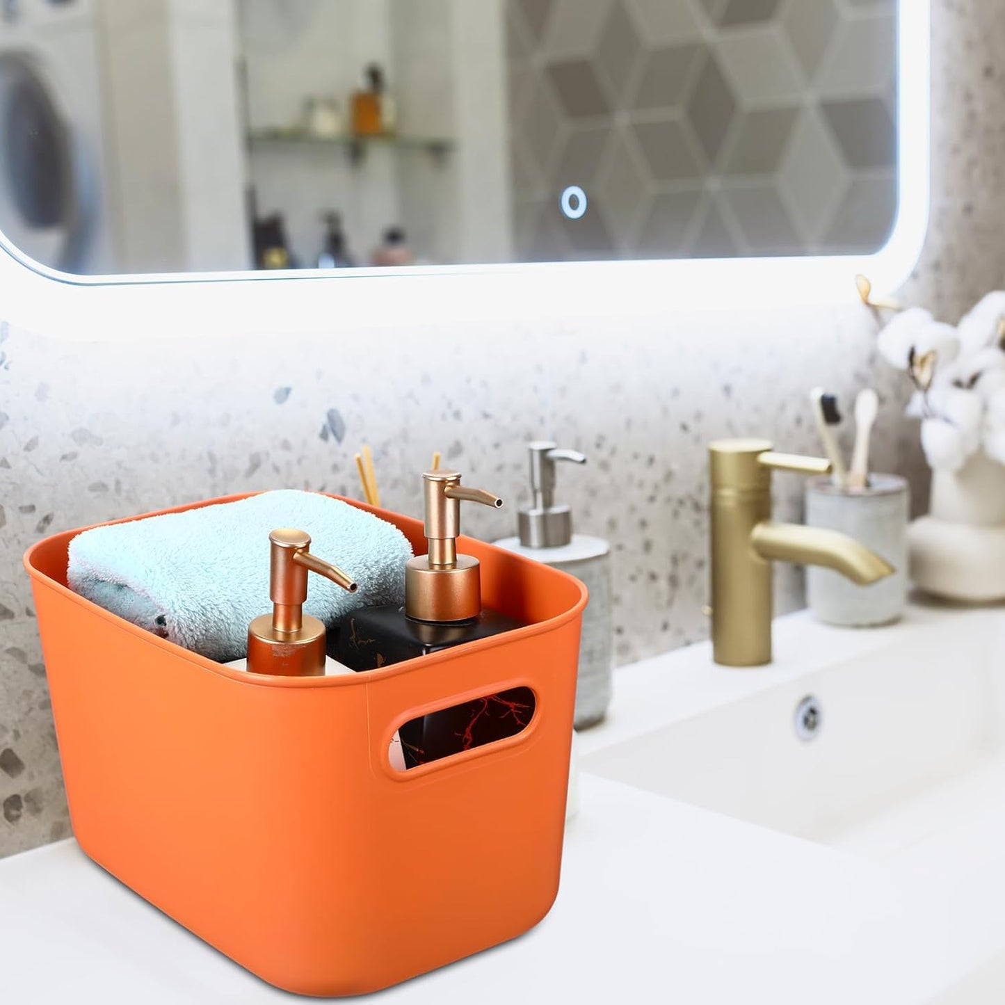 Hoolerry 8 Pieces Colorful Storage Bins with Lid, Plastic Storage Basket Organizing Container Stackable Box with Handle for Shelves Desktop Playroom Office(10.2 x 7 x 6.3 Inch,Orange)