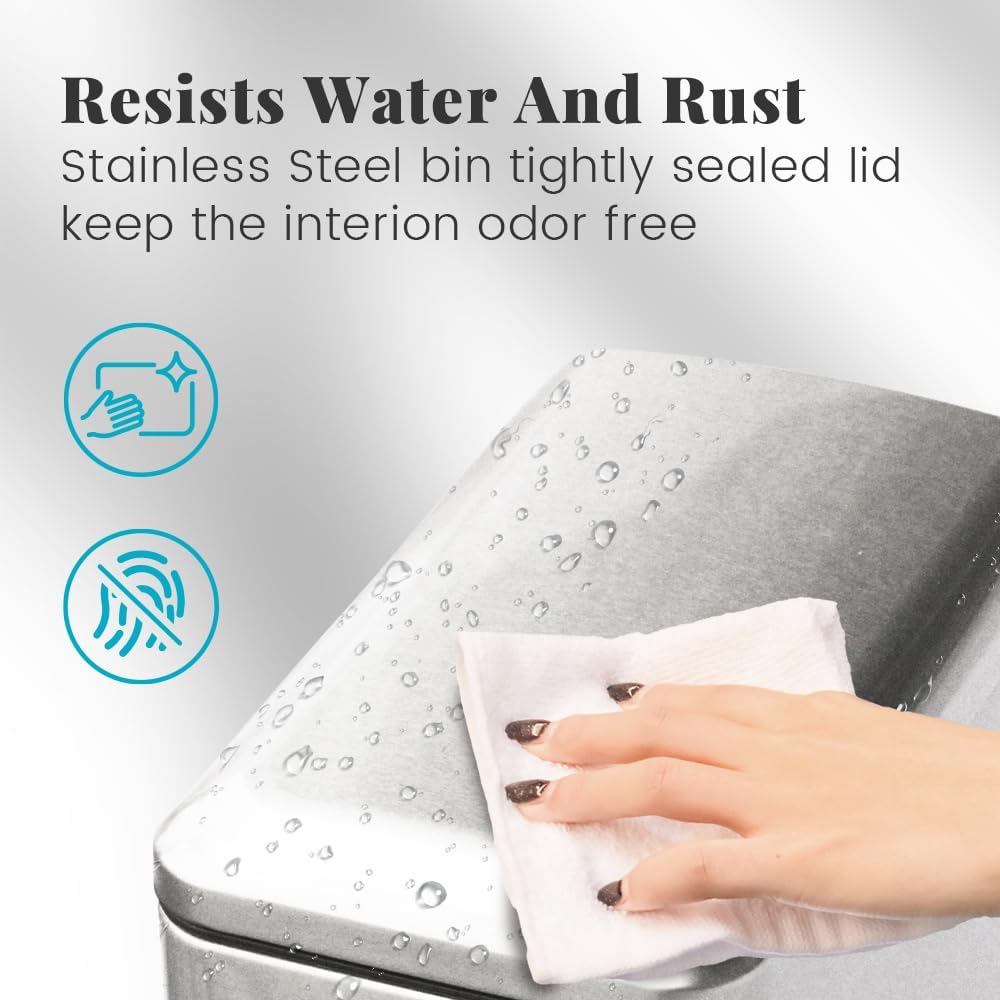 30L/Slim 8 Gallon Stainless Steel Trash Can with Soft-Close Lid & Removable Inner Bucket, Fingerprint-Proof, Odor-Controlled Kitchen Bathroom & Office Waste Bin, Silver