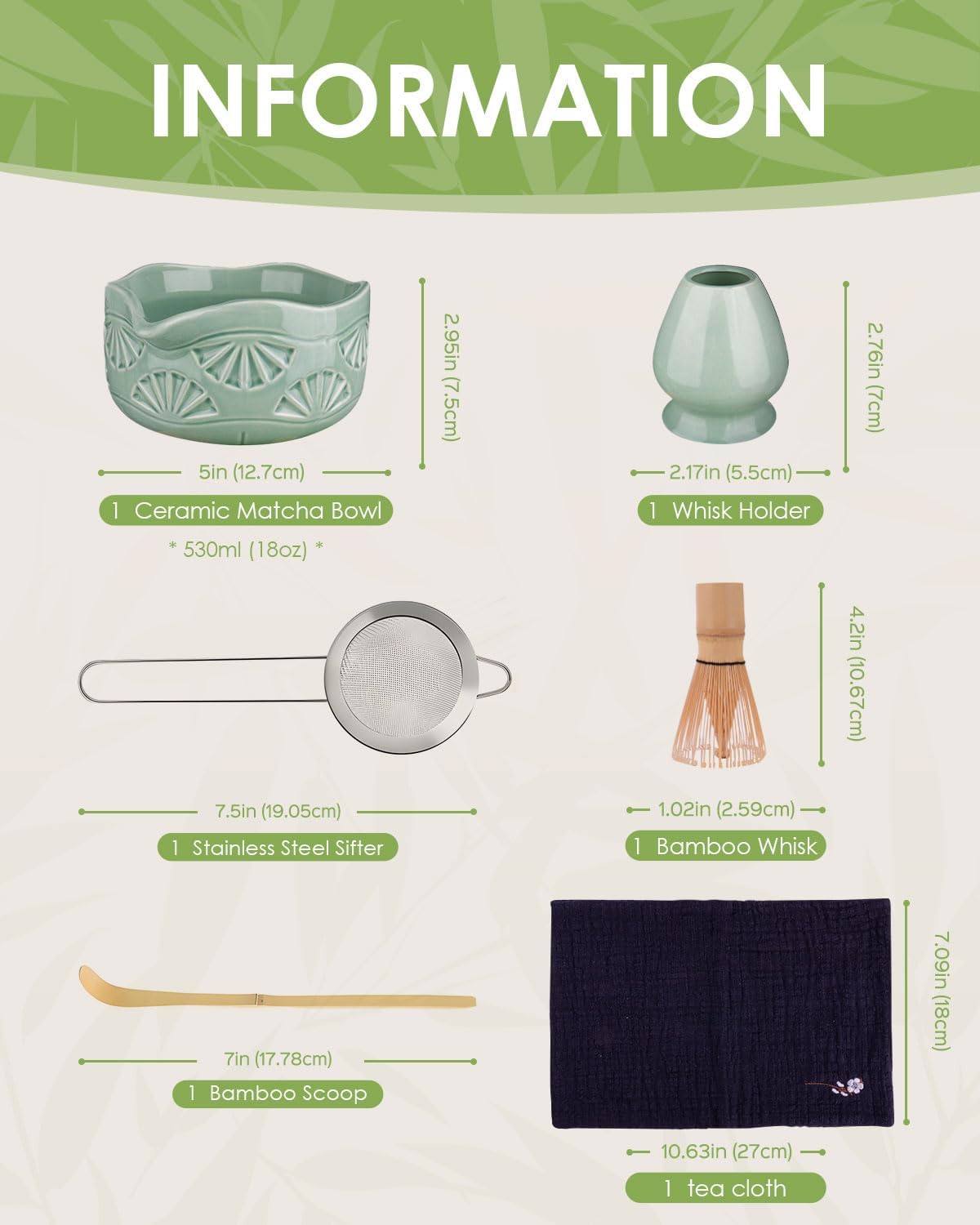 Matcha Whisk Set, Ceramic Matcha Set Includes Matcha Bowl with Spout, Matcha Whisk and Holder, Bamboo Scoop, Sifter and Tea Towel - 6 Pcs Matcha Kit Gift for Matcha Lovers (Green)