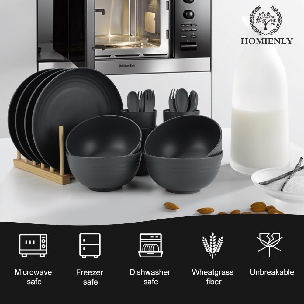 Homienly Wheat Straw Dinnerware Sets, Homienly 20pcs Unbreakable Microwave Dishwasher Safe Tableware Lightweight Bowls, Cups, Plates Set Reusable Dinner Plates Bowls set (Matte Black)
