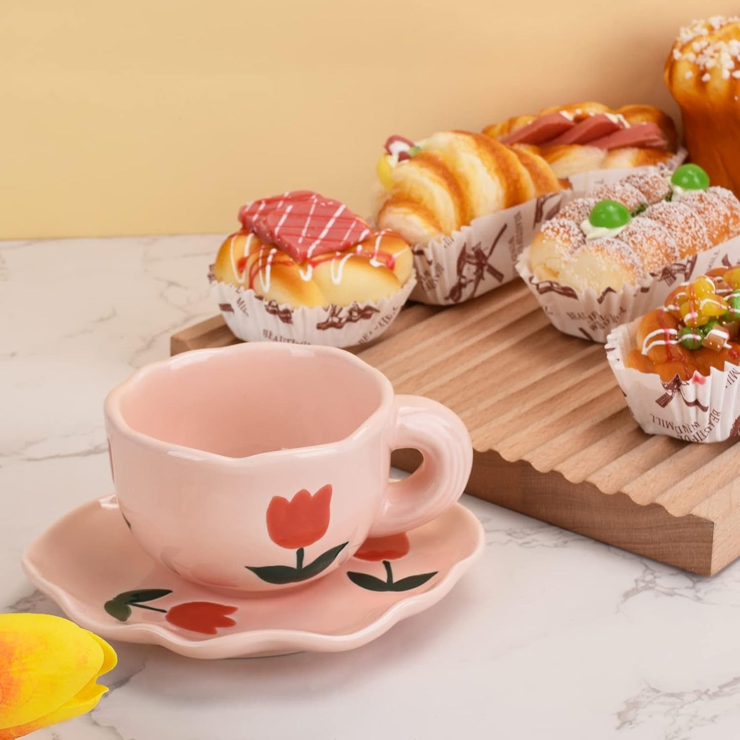 Koythin Ceramic Coffee Mug with Saucer Set, Cute Creative Cup Unique Irregular Saucer Design for Office and Home, Dishwasher and Microwave Safe, 6 oz/180 ml for Latte Tea Milk (Pink Tulips)