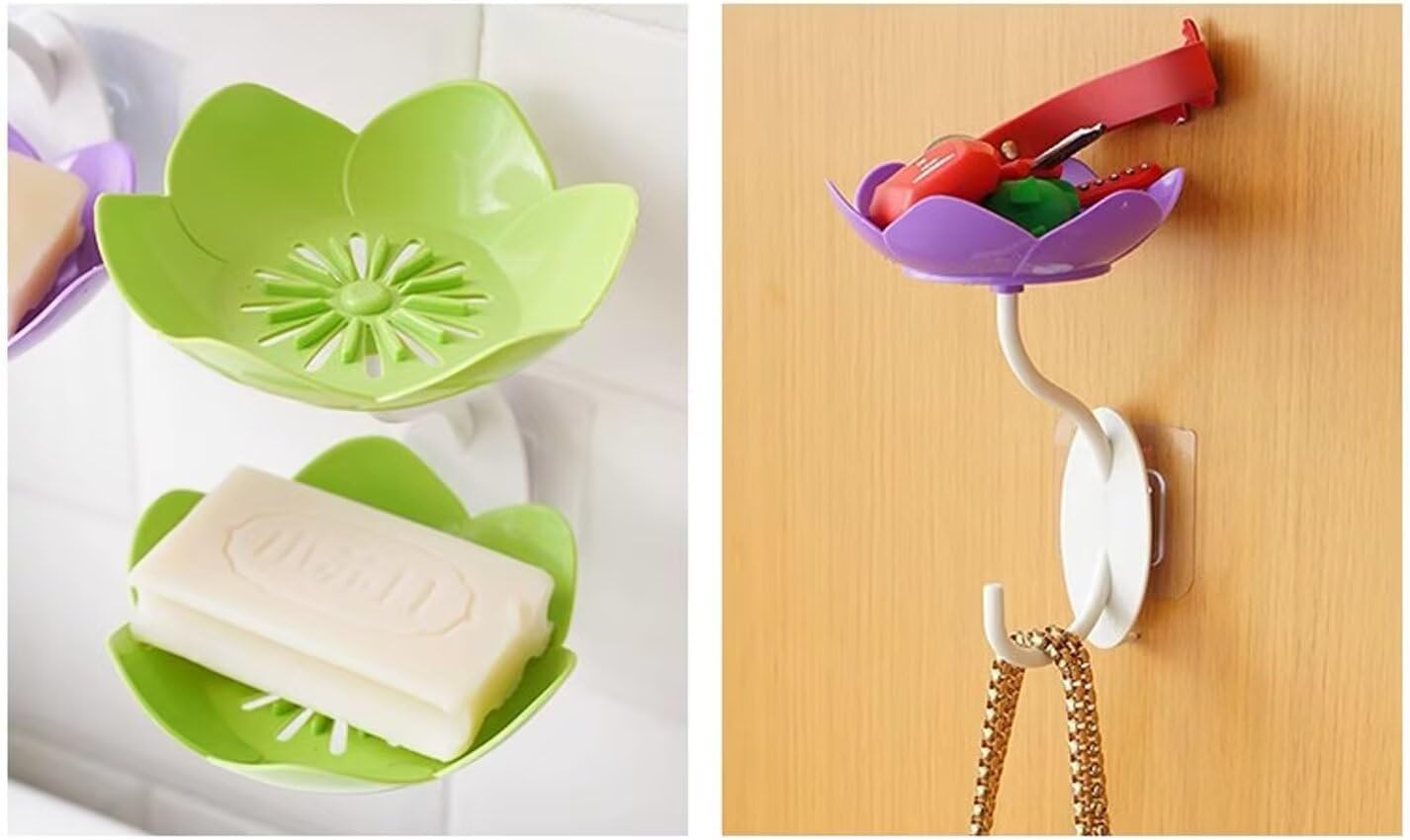 4 Pack Soap Dish Holder for Shower Bar Double Layer Cute Lotus Shape Adhesive Tray Sink Wall Mounted Shampoo NO-Drilling Self Draining Hanging Saver Rack Plastic Bathroom Bathtub Kitchen