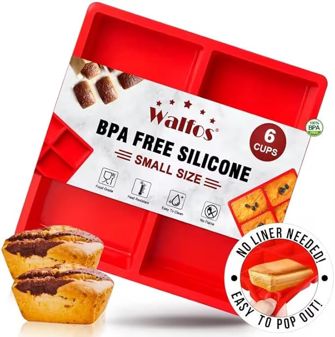 Walfos Silicone Loaf Pan - Non-Stick Silicone Bread Pan, Just PoP Out! Perfect for Bread, Cake, Brownies, Meatloaf, BPA Free & Dishwasher Safe (Mini Loaf Pan, 1 Pack:6 Cavities)