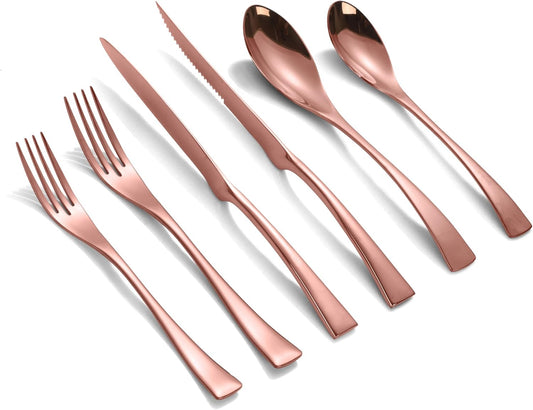 Lemeya 24-Piece Rose Gold Silverware Set with Steak Knives,Forged 18/10 Stainless Steel Cutlery Set for 4,Modern Heavy Duty Flatware Utensils Set,Forks Spoons and Knives Set,Dishwasher Safe