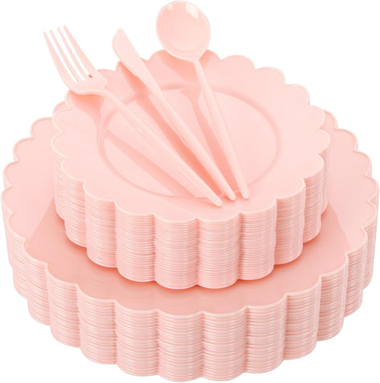 WONDERFUL 150 Pcs Pink Plastic Plates Disposable Plastic Dinnerware Set Pink Silverware Set Disposable Plates for Party Wedding & Bridal Shower Pink Party Decorations Suitable for 30 Guests