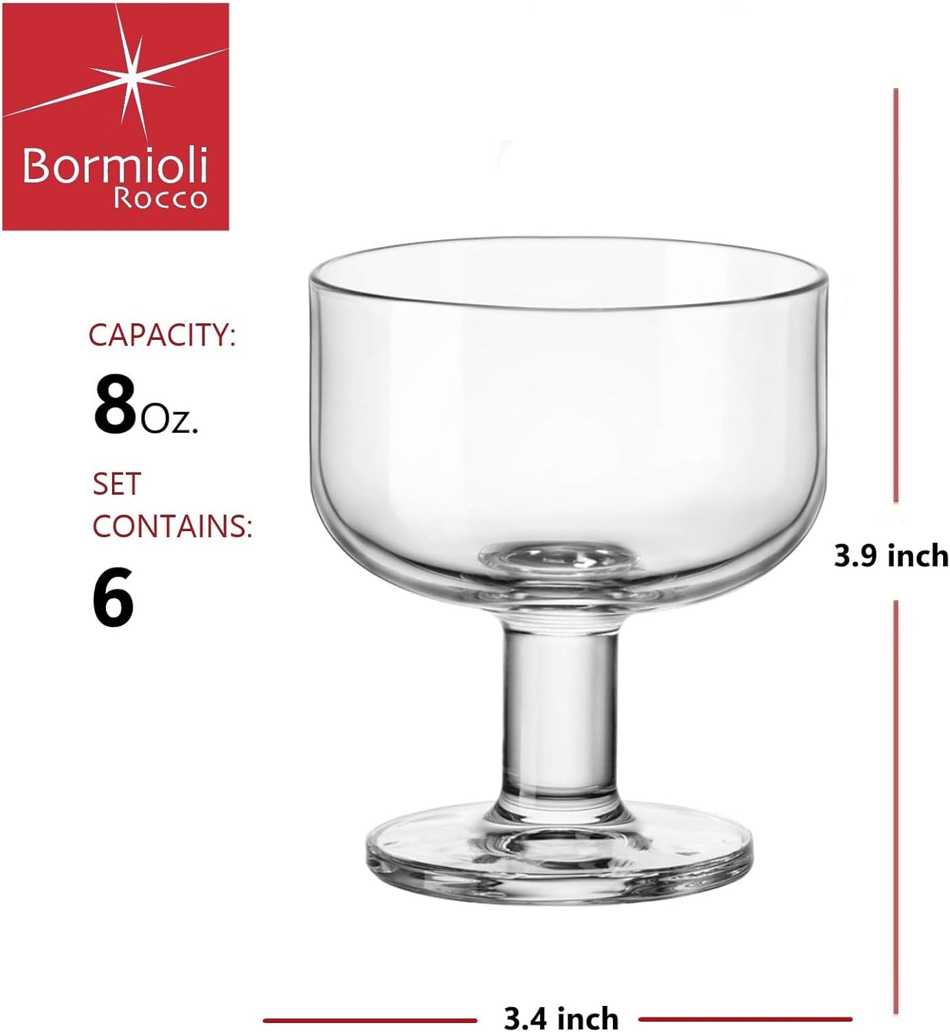 Bormioli Rocco Hosteria Set Of 6 Stackable Dessert Cups, 8 Oz. Clear Tempered Glass, Made In Italy.