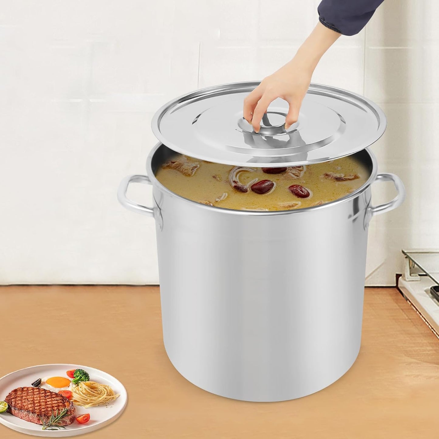 Stock Pot with Lid, 304 Stainless Steel Big Pots for Cooking, 34 Quart Stockpots with Hanging Lid and Handle, Anti-Corrosion, Anti-Rust, Used for Induction Stoves, Gas Stoves, Electric Stoves