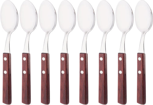 Teaspoons Set of 8, 304 Stainless Steel Dessert Spoons with Red Wooden Handle, 6.3 Inch Ice Cream Spoons for Coffee, Appetizer, Bistro