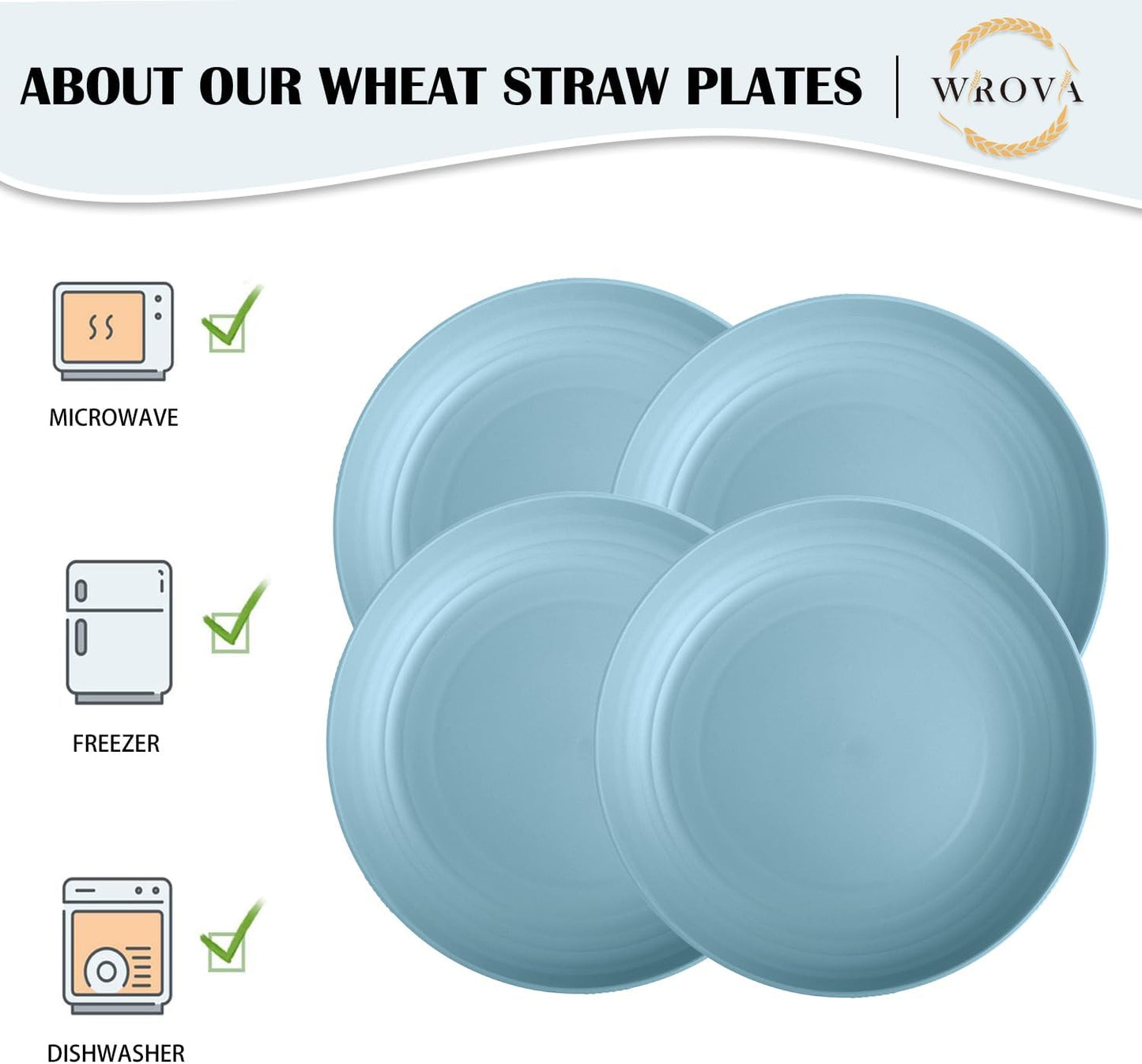 Wrova Wheat Straw Plates - 10 Inch Unbreakable Deep Dinner Plate Set of 8 - Dishwasher & Microwave Safe Plastic Plates Reusable - Lightweight Plate for Kitchen,Outdoor, RV. (Light Blue)