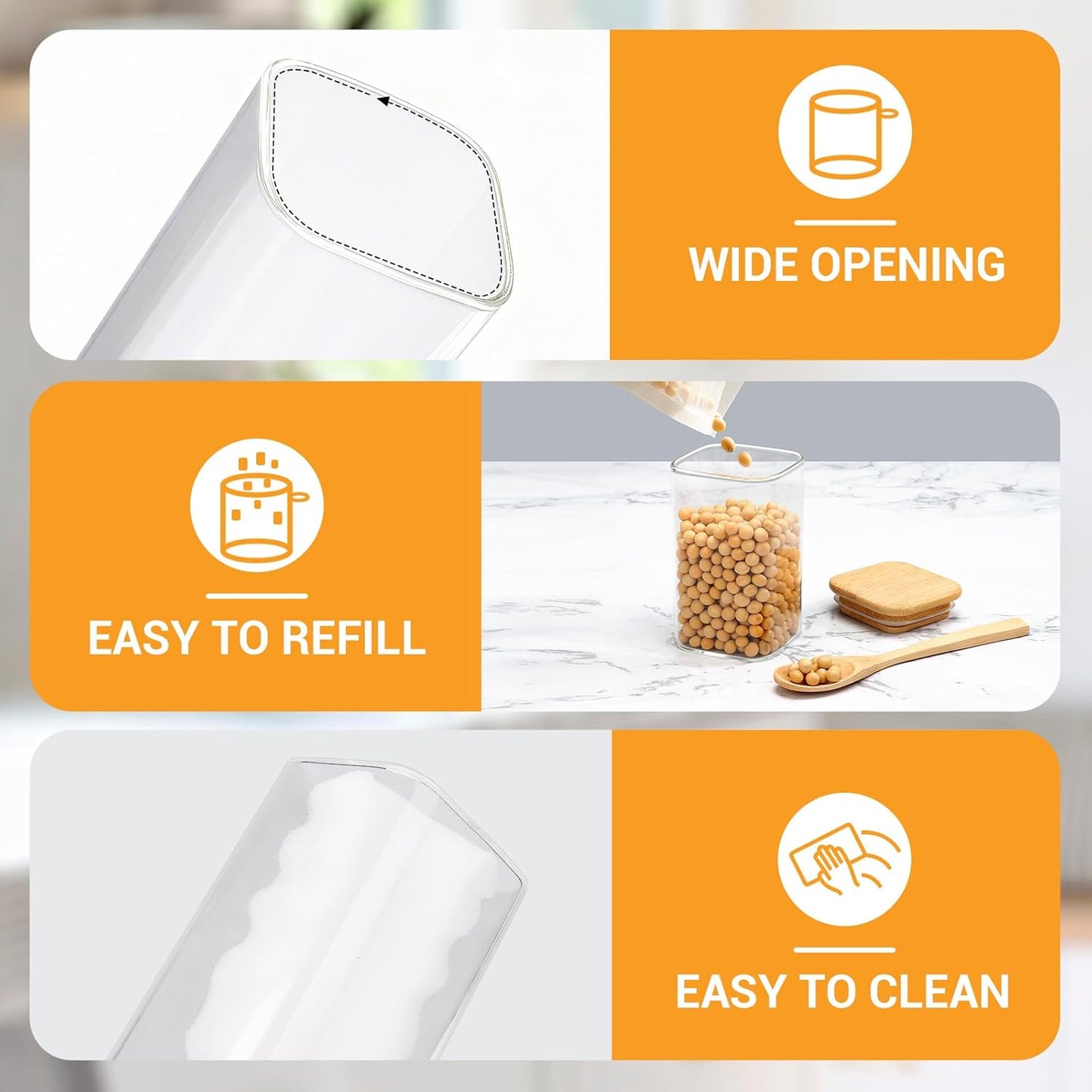 Glass Jars with Bamboo Lids, 4 Pack 8 Fl.oz Glass Canister with Airtight Lids, Wide Mouth Spice Jars Clear Food Storage Containers for Sugar Coffee Bean Tea - Included Labels, Spoon and Marker