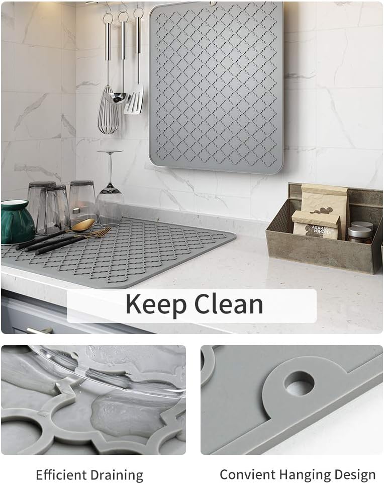 AMOAMI Dish Drying Mat,Heat-resistant,Easy Clean,Silicone Dish Drying Mats for kitchen Counter,Kitchen Gadgets Kitchen Accessories Kitchen Small Appliances (12" x 16", GREY)