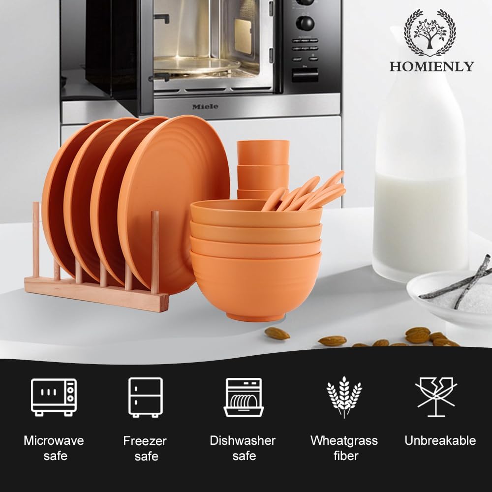 Wheat Straw Dinnerware Sets, Homienly 20pcs Unbreakable Microwave Dishwasher Safe Tableware Lightweight Bowls, Cups, Plates Set Reusable Dinner Plates Bowls set (Orange)